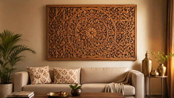 Best wooden wall decor for Indian homes — laser-cut panel above sofa in living room