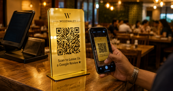 Woodwaley Gold Mirror QR code stand on restaurant counter — Google review display stand India