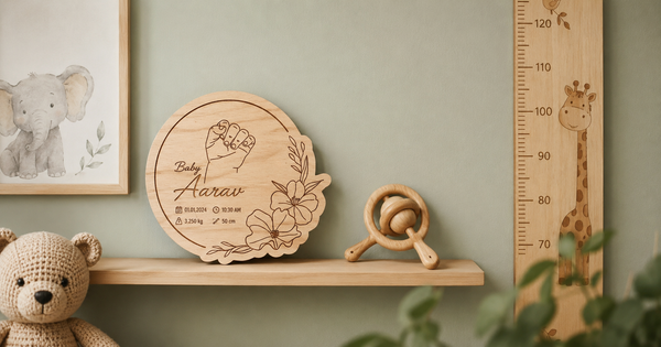 Nursery shelf with wooden baby nameplate, rattle, and growth chart ruler in a pastel Indian home nursery