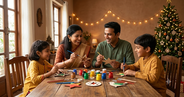 Indian family painting wooden Christmas ornaments together at dining table with warm amber lights in the background