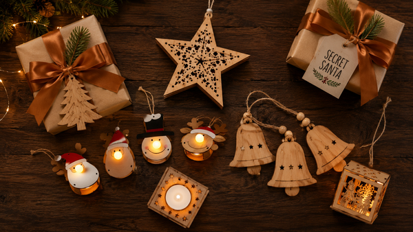 Beautifully wrapped Secret Santa Christmas gifts with handcrafted wooden ornament on wooden table in Indian office setting