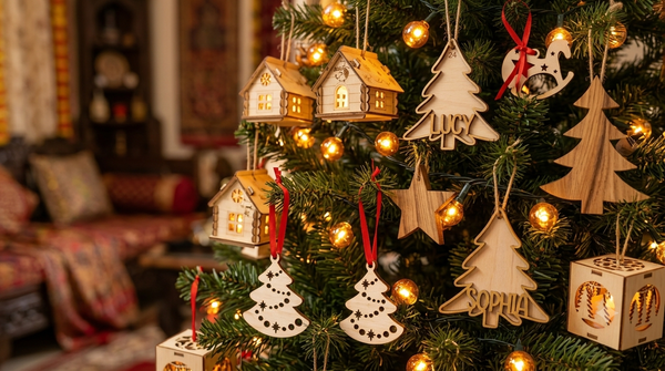 Decorated Indian home Christmas tree with handcrafted natural wooden ornaments and warm amber string lights