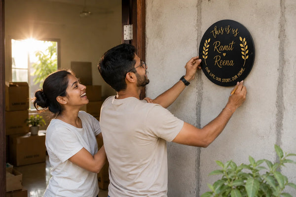 Young couple installing a personalized acrylic name plate together at the entrance of their first home
