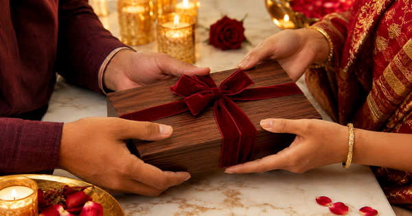 Indian couple's hands exchanging a personalised wooden Valentine's Day gift box with red velvet ribbon, warm candlelight