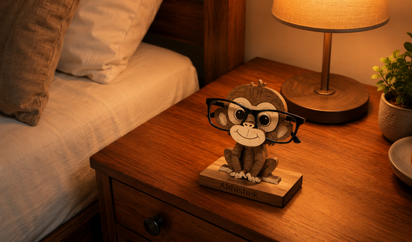 Warm wooden bedside table at night with black-framed eyeglasses resting on a Woodwaley sheesham wood Spec Keeper eyeglass stand — Indian home decor