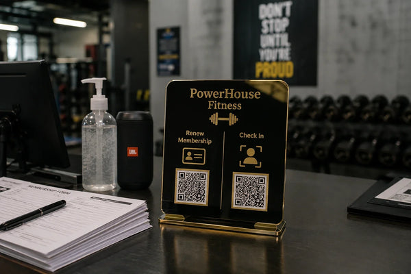 Acrylic QR code stand on a gym reception counter with membership renewal and check-in QR codes