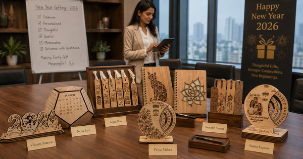 Corporate New Year wooden gift boxes with personalised nameplates on office conference table in India
