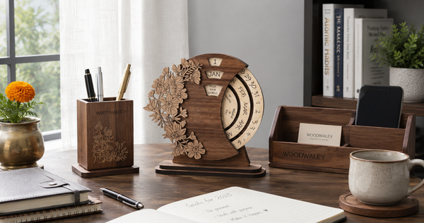 Wooden New Year desk gifts including perpetual calendar, pen stand, and organizer