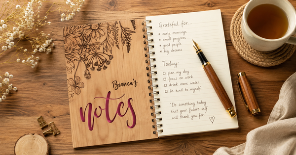 Flat-lay of open wooden-covered journal with handwritten notes, fountain pen, and cup of tea