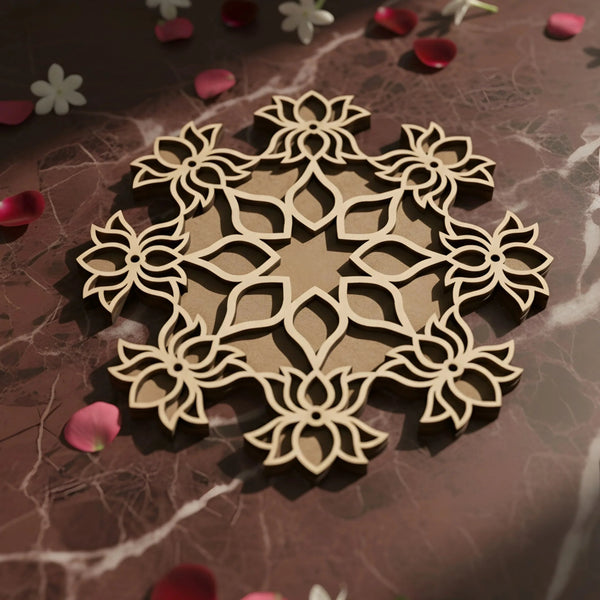 Elegant handcrafted wooden floral rangoli pattern on white marble with rose petals for effortless Diwali decor — Woodwaley wooden rangoli designs India