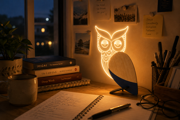 Wireframe wooden owl table lamp glowing warmly on a cluttered study desk at dusk