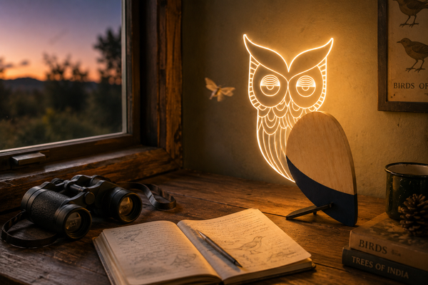 Wooden wireframe owl table lamp glowing on a desk beside binoculars and a field notebook