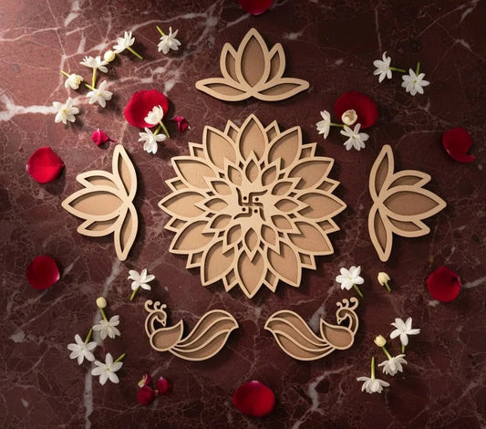 Woodwaley Rangavalli Diwali Combo (1 Swastik Rangoli, 3 Kamal Borders, 2 Mayur Borders, 5 Colours pack) — Diwali Wooden Gift | Woodwaley