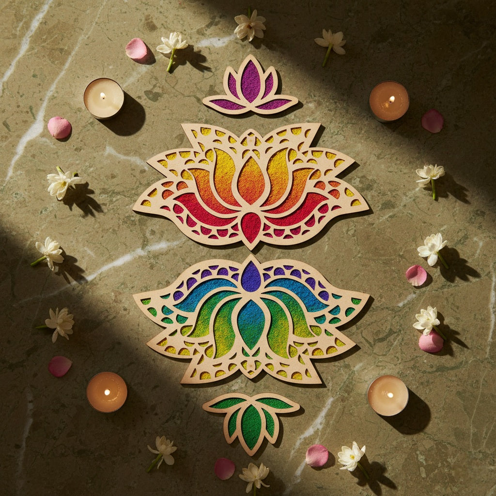 Lotus Rangavalli Diwali Combo (2 Lotus Rangoli, 2 Kamal Borders, 5 Colours pack)