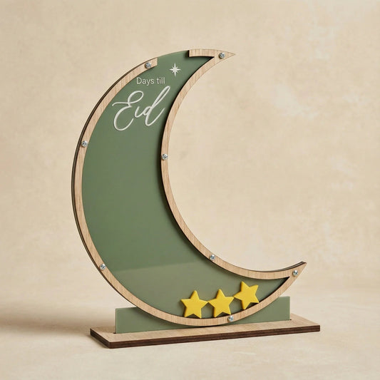 Eid Countdown Display – Wooden Crescent Moon Table Decor — Ramadan Wooden Gift | Woodwaley