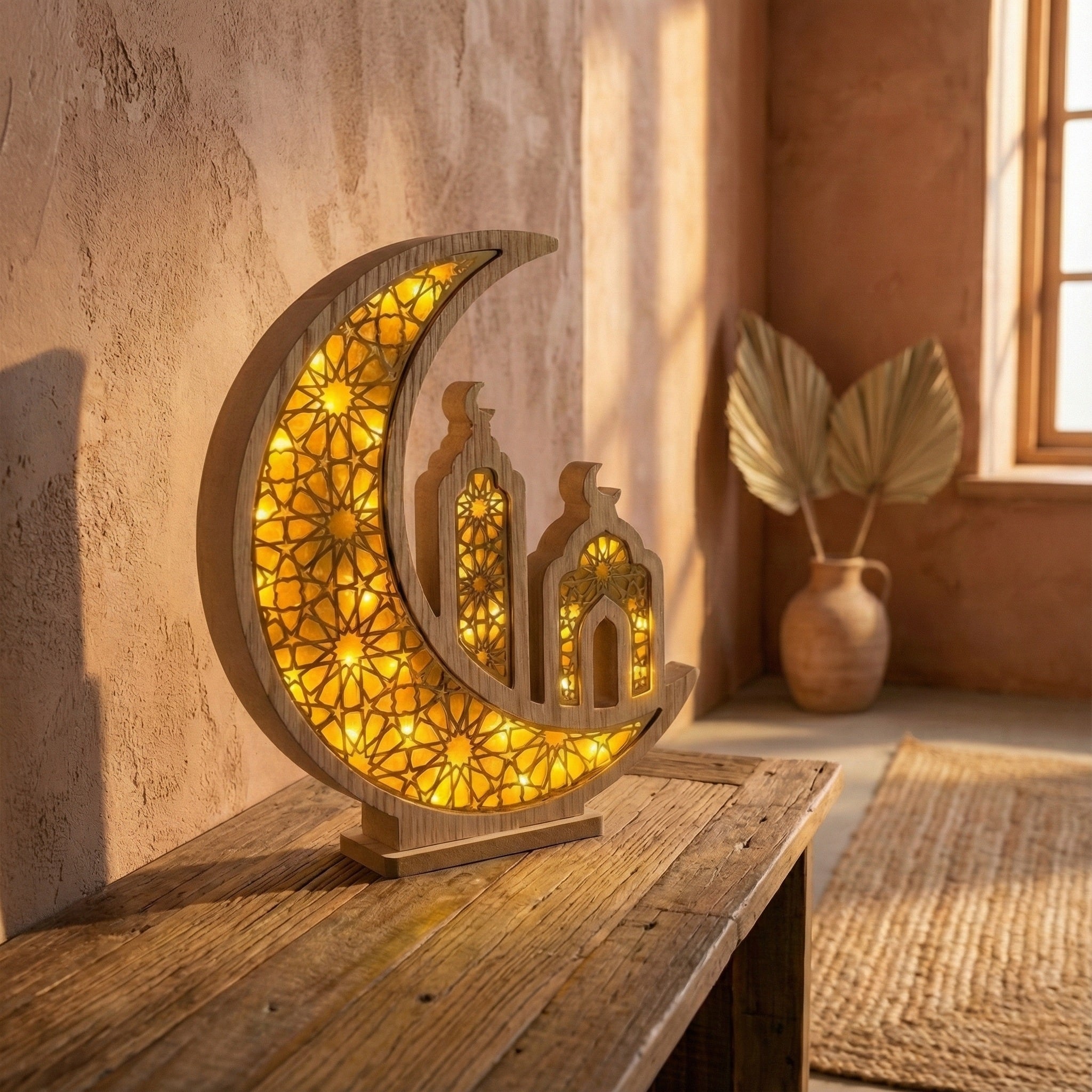 Ramadan Lantern – Wooden Crescent Mosque LED Moon Lamp