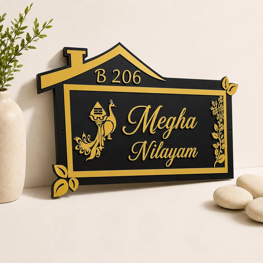 House of Gold Peacock House-Shaped Acrylic Name Plate — close up