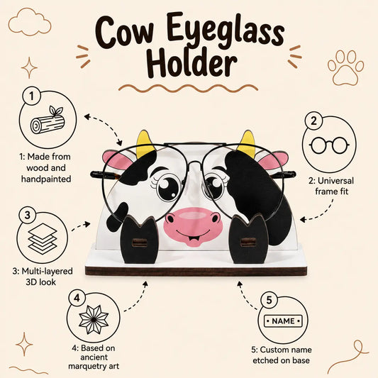 Zoobees Cow Spec Keeper — Personalised Wooden Eyeglass Stand