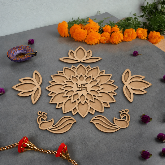Woodwaley Rangavalli Diwali Combo (1 Swastik Rangoli, 3 Kamal Borders, 2 Mayur Borders, 5 Colours pack)
