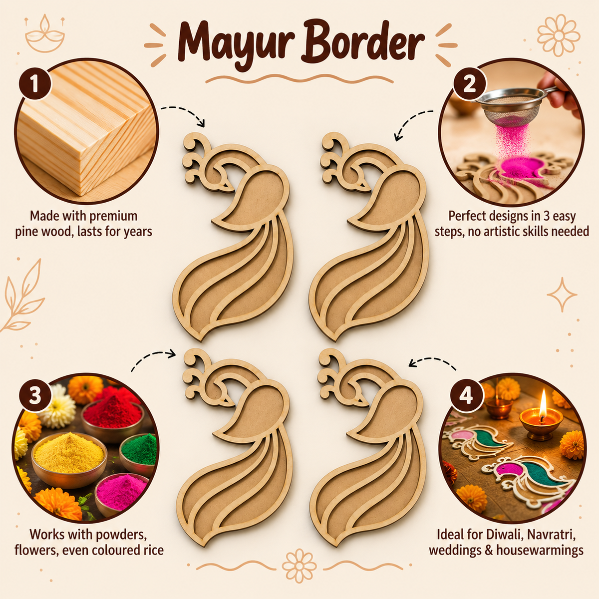 Mayur Art Wooden Rangoli (Reusable DIY Template 6 inch) pack of 4