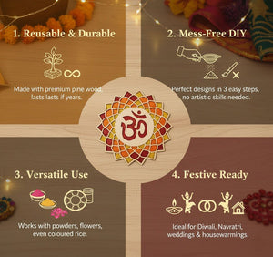 reuse, mess-free DIY, versatility, and festive readiness. Design for Diwali Rangoli (Reusable, Readymade) Wood Waley