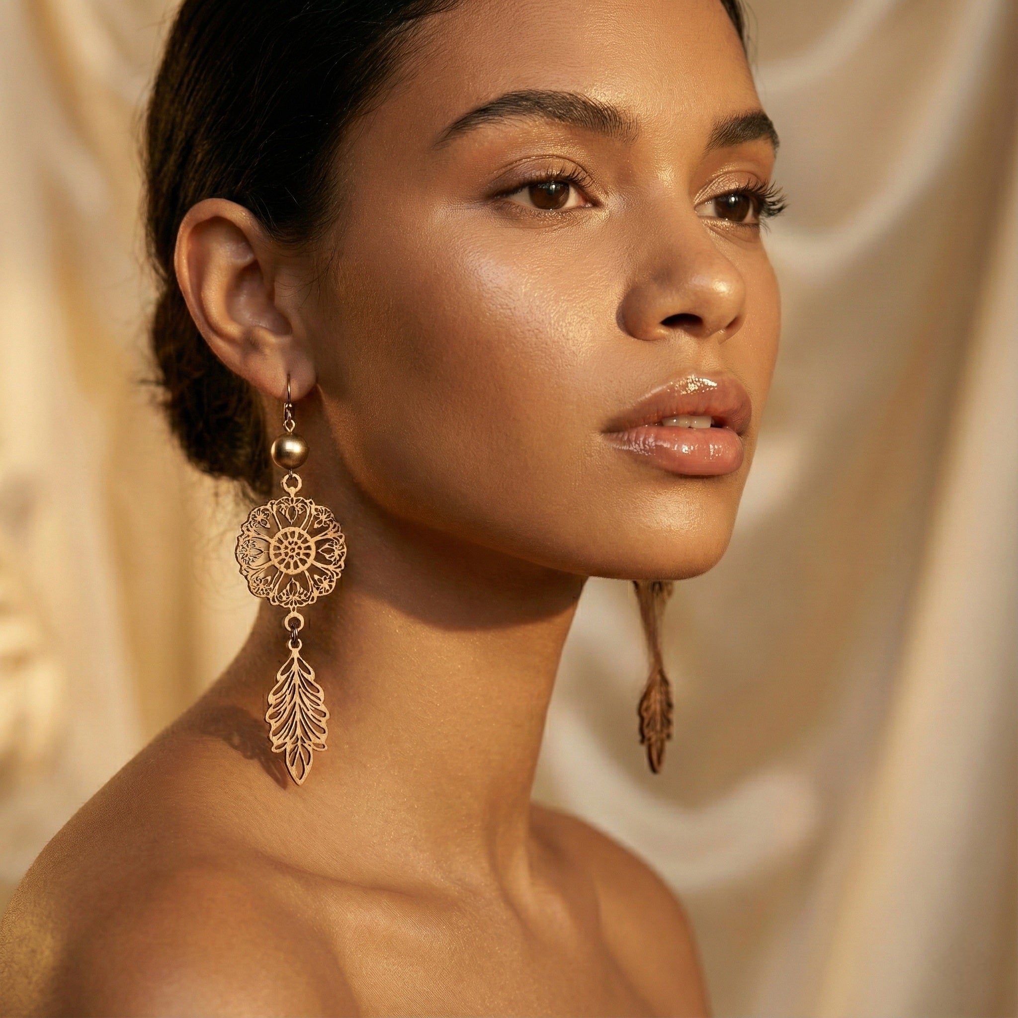 Boho Mandala with Leaf Wooden Dangle Earrings