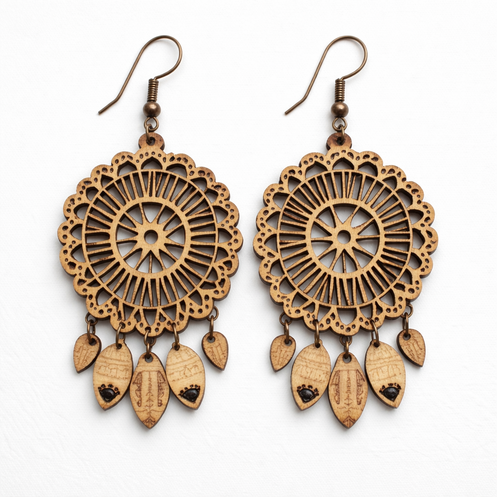 Mandala Wooden dangle earrings with Leaf Charms