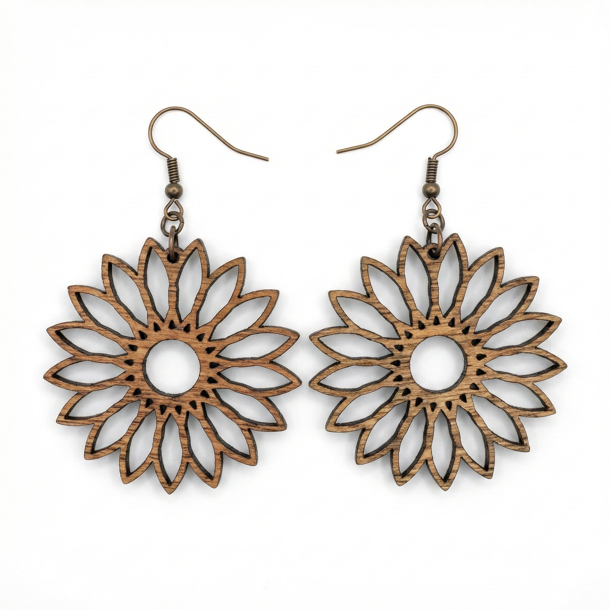 Handcrafted Sunflower Wood Earrings, Rustic Floral Dangles