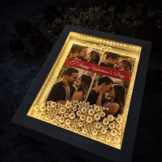 Premium LED pearl photo frame on desk — personalised wooden gift India