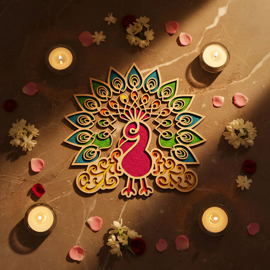 Peacock Art Wooden Rangoli (Reusable DIY Template) — Diwali Wooden Gift | Woodwaley