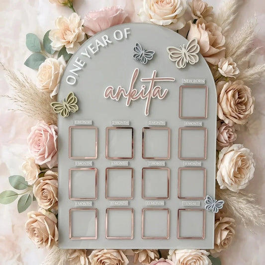Baby First Year Photo Frame — Personalized Acrylic 12-Month Milestone Board — Baby Milestone Wooden Gift | Woodwaley