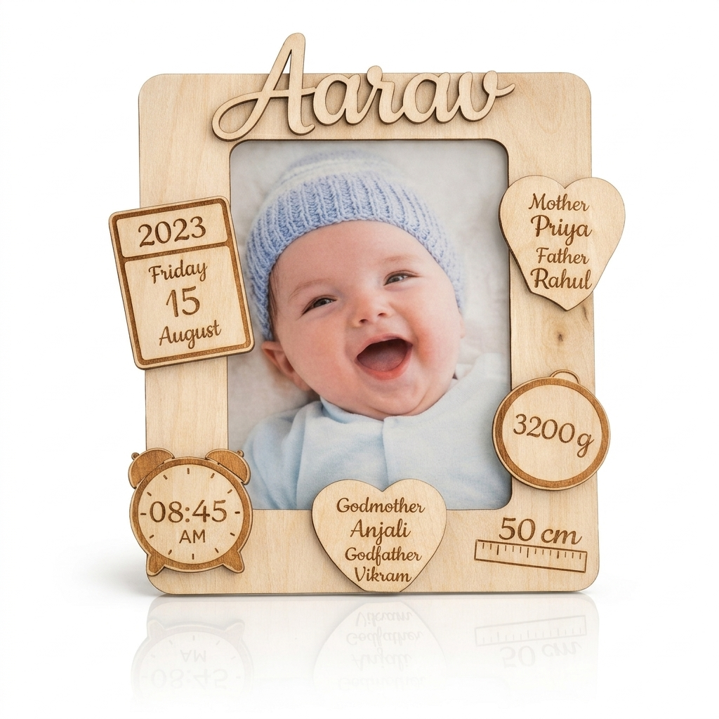 Baby Birth Details Photo Frame – Custom Wooden Keepsake Gift for Newborns