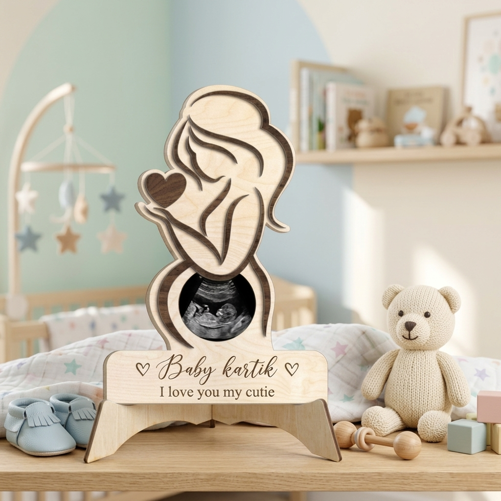 Wooden Ultrasound Photo Holder, Baby Announcement Sign, Sonogram Picture Frame with Stand, Pregnancy Reveal Gift, Nursery Decor