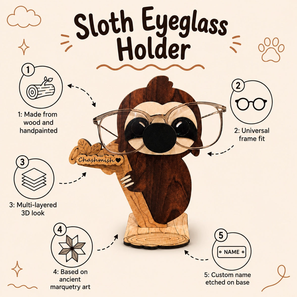Napster Sloth The Spec Keeper — Carved Wooden Eyeglass Stand for Desk, Gifting
