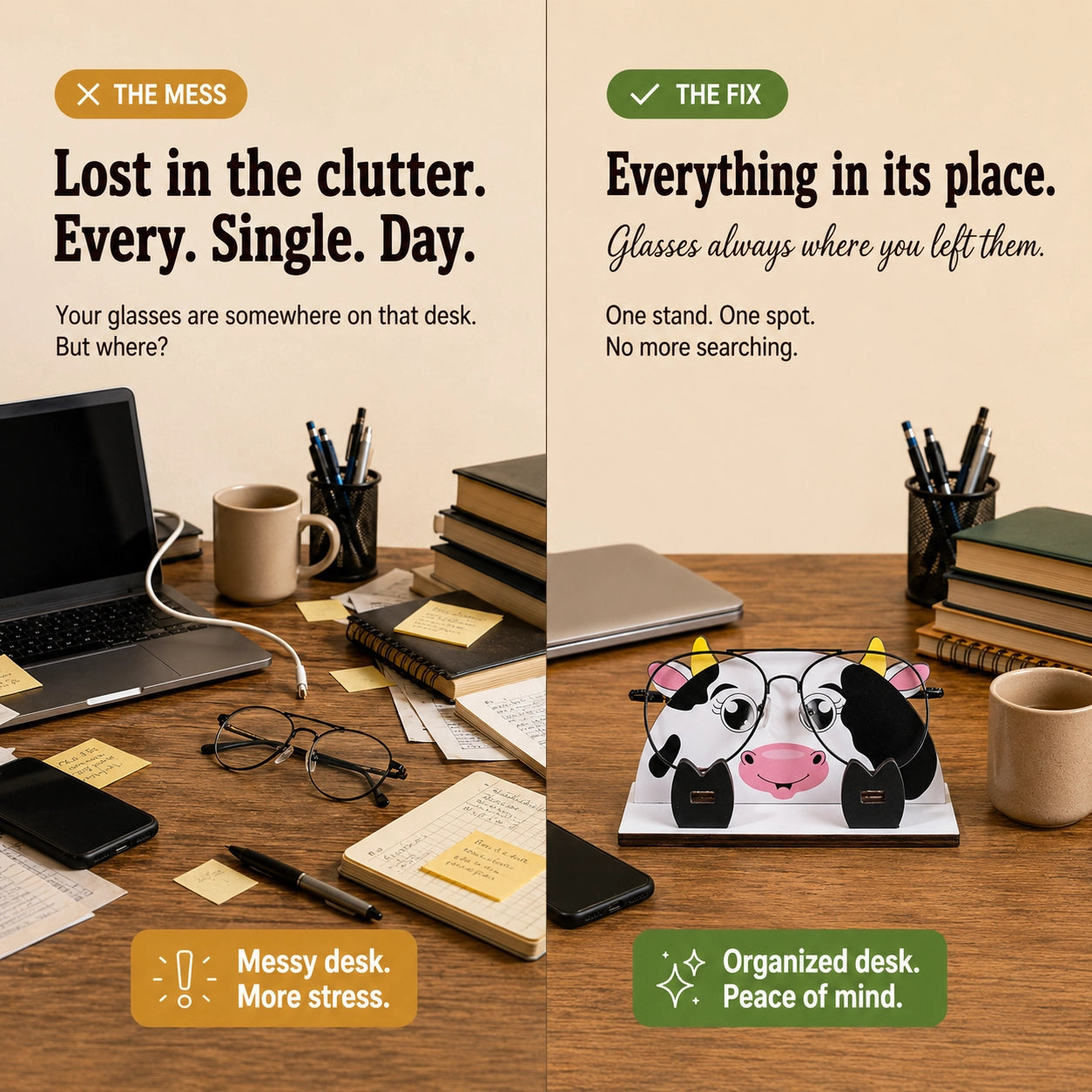 Zoobees Cow Spec Keeper — Personalised Wooden Eyeglass Stand
