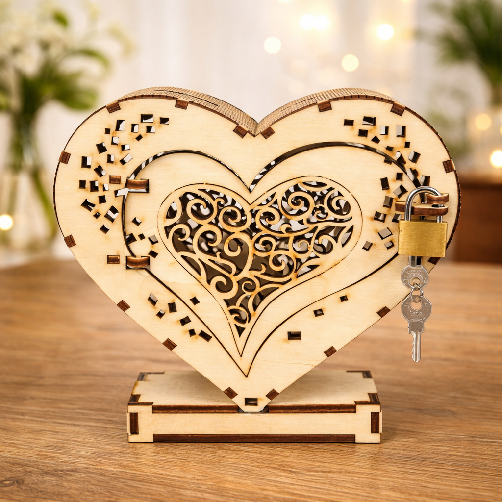 Wooden Heart Piggybank Valentine gift with a Padlock