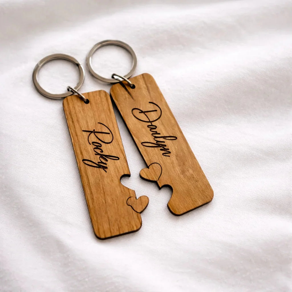 Personalized Engraved Wooden Keychains — Couples Wooden Gift | Woodwaley