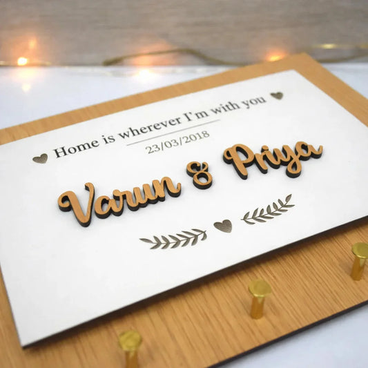 Personalised Engraved Wooden Key Holder — Couples Wooden Gift | Woodwaley