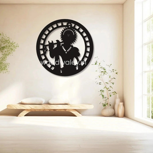 Handcrafted wooden Krishna wall decor in minimalist living room with bench and plants