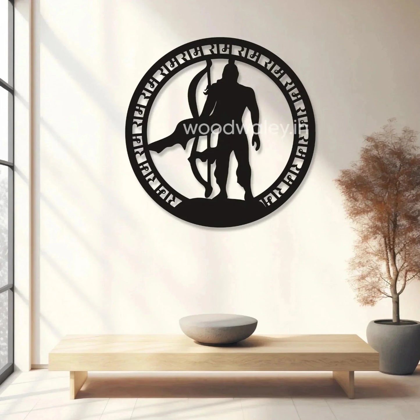 Wooden wall decor featuring a silhouette of a warrior with a bow in a modern living room.
