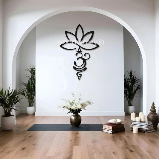Handcrafted wooden Om wall decor in a modern living room with indoor plants and candles