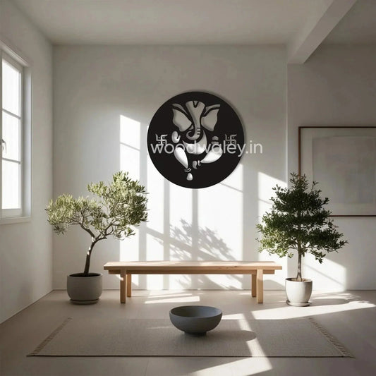Handcrafted wooden Ganesha wall art in modern minimalist living room with natural light