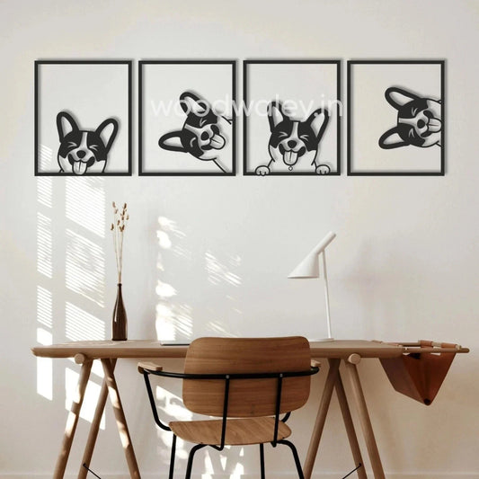 Modern home office with wooden desk and chair, black framed dog wall art decor on white wall