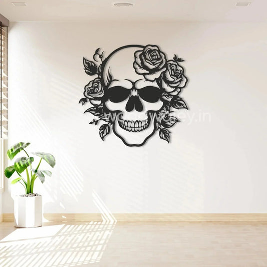 Modern living room with black wooden skull and floral wall decor art, sunlight streaming in