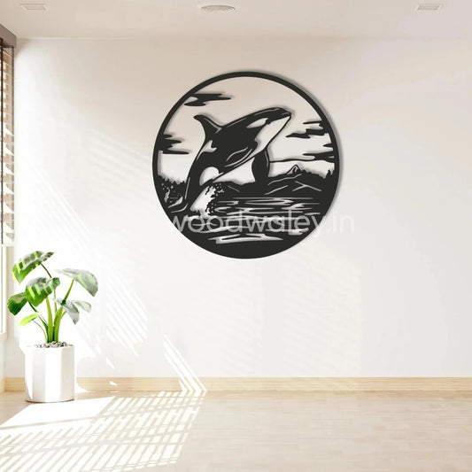 Handcrafted wooden wall art featuring a jumping orca in a modern living room