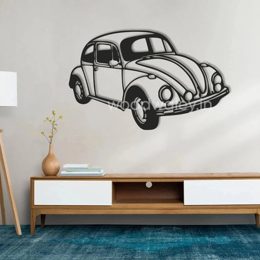 Vintage car wooden wall decor above modern console in stylish living room