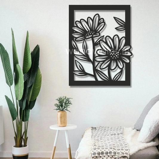 Handcrafted wooden floral wall art in modern living room decor with indoor plants.