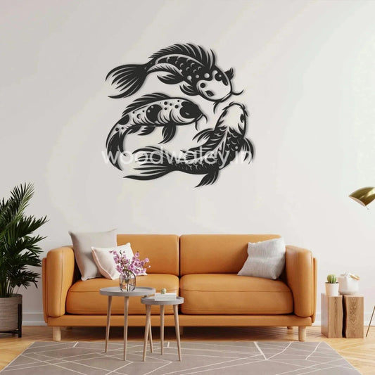 Handcrafted wooden koi fish wall art above modern orange sofa in living room decor
