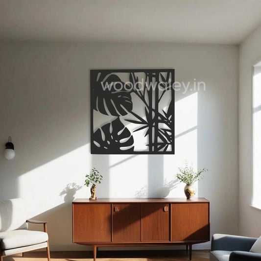 Modern living room with minimalist wooden decor, leafy wall art, and mid-century console table