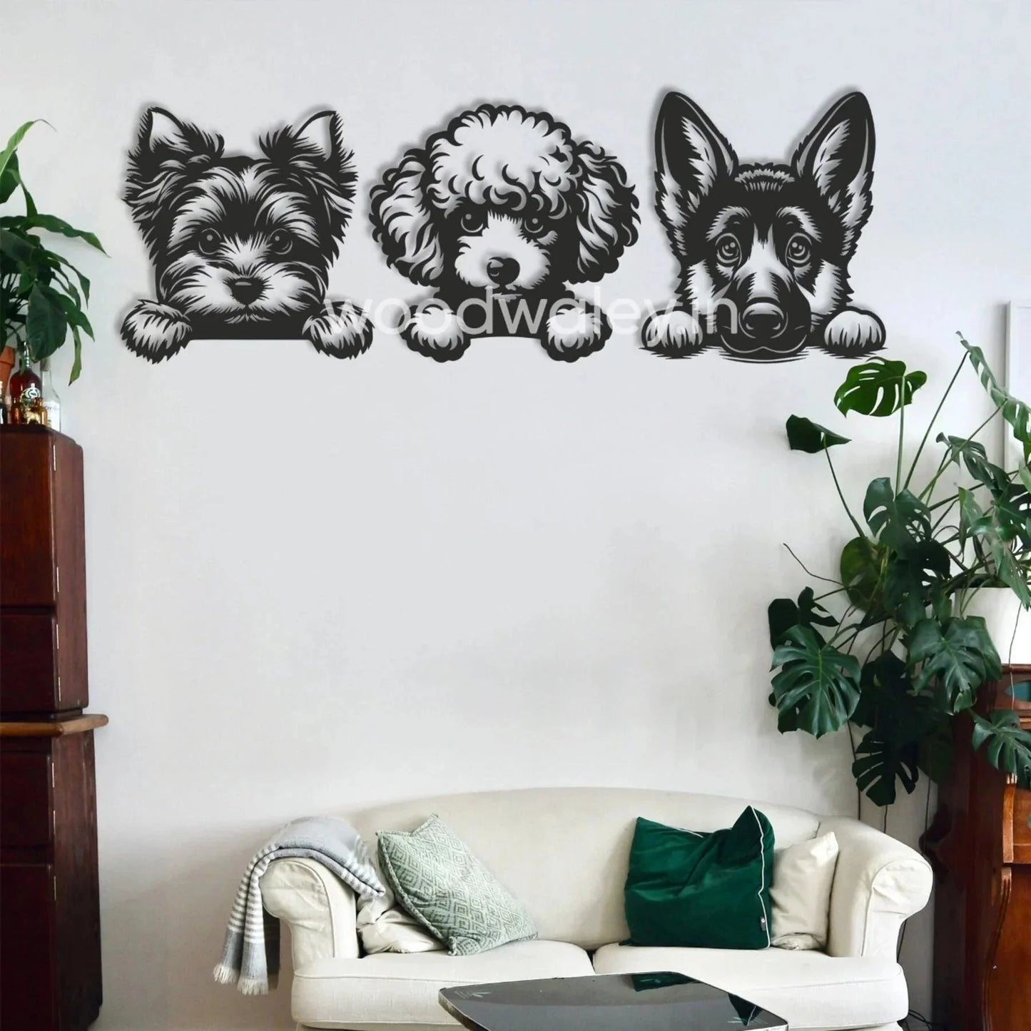 Handcrafted wooden dog wall art above a white sofa in a modern living room
